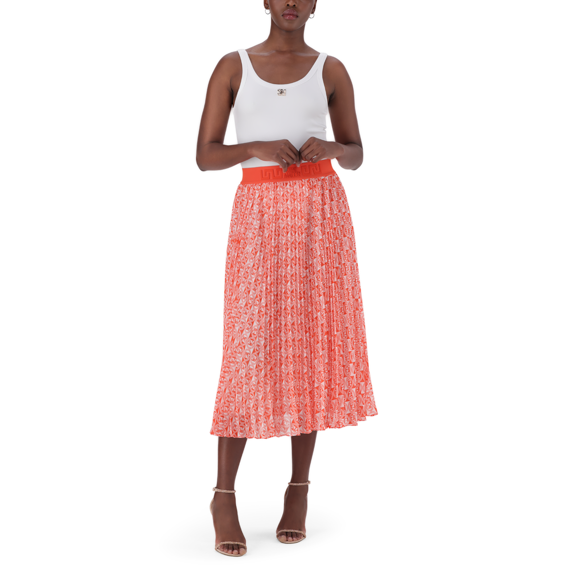 PAIGE TANGERINE PLEATED MIDI SKIRT