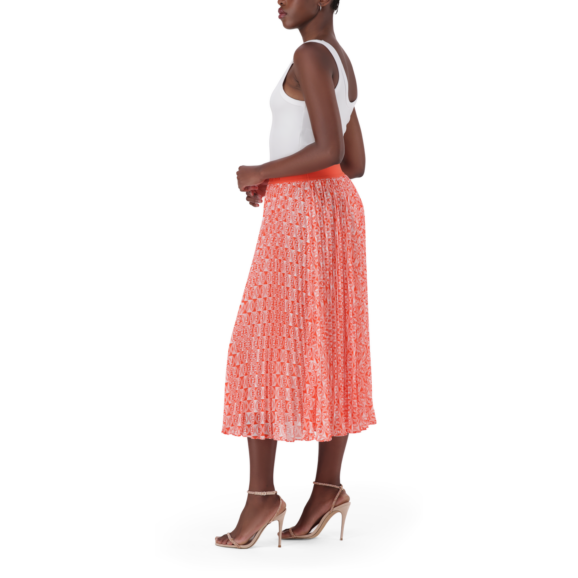 PAIGE TANGERINE PLEATED MIDI SKIRT
