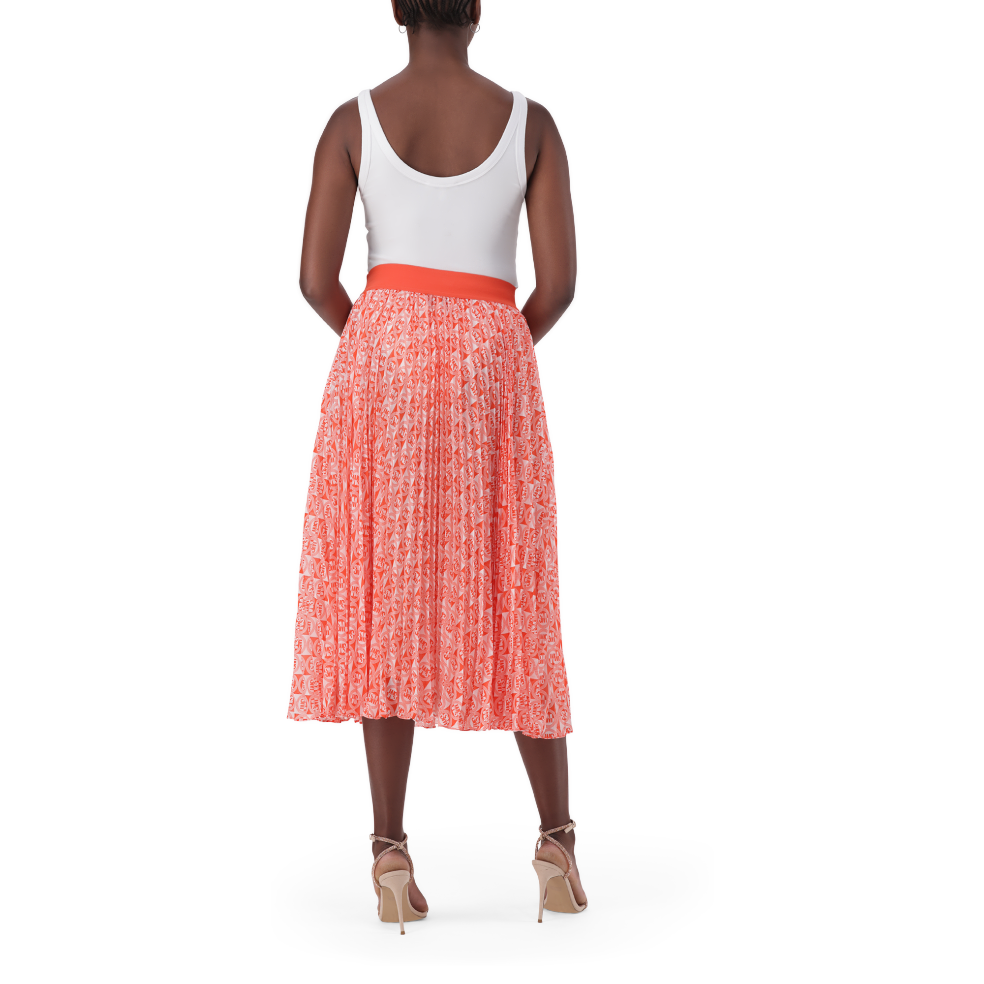 PAIGE TANGERINE PLEATED MIDI SKIRT