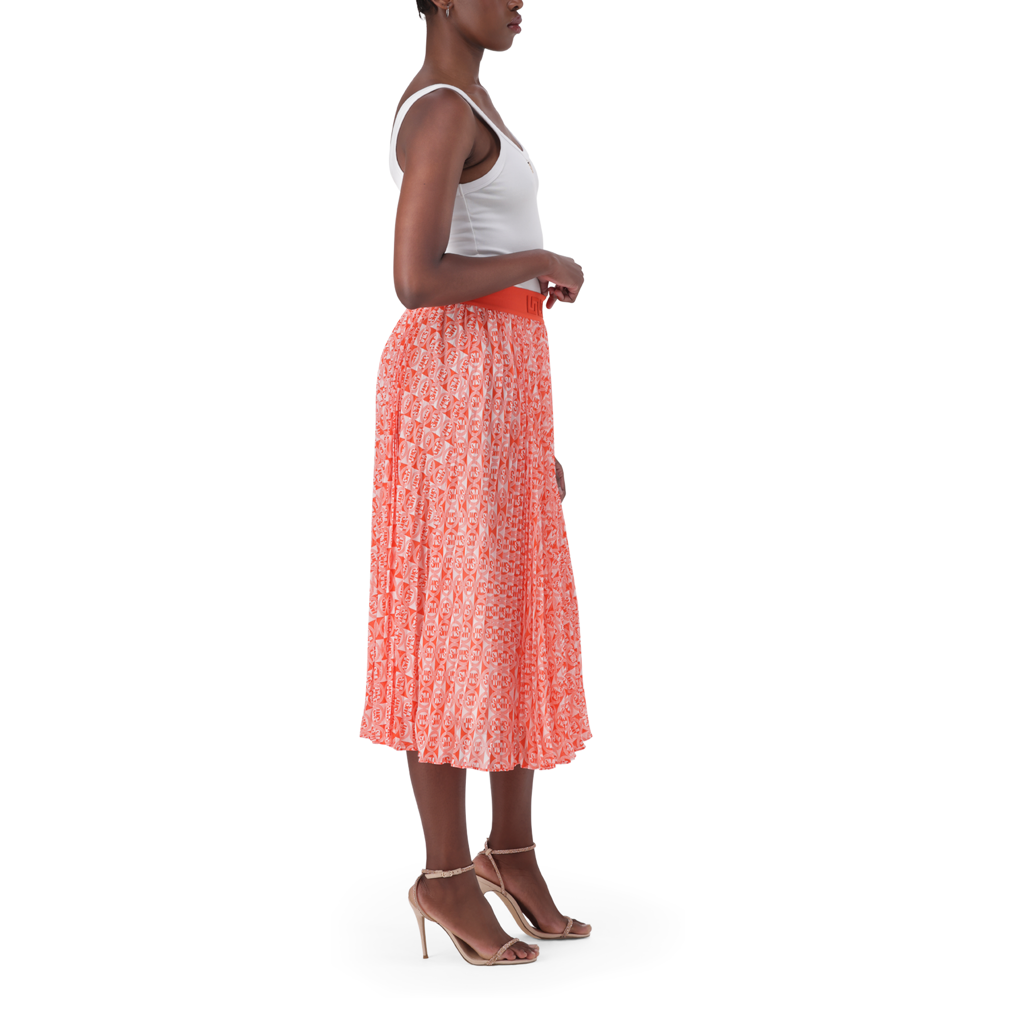 PAIGE TANGERINE PLEATED MIDI SKIRT