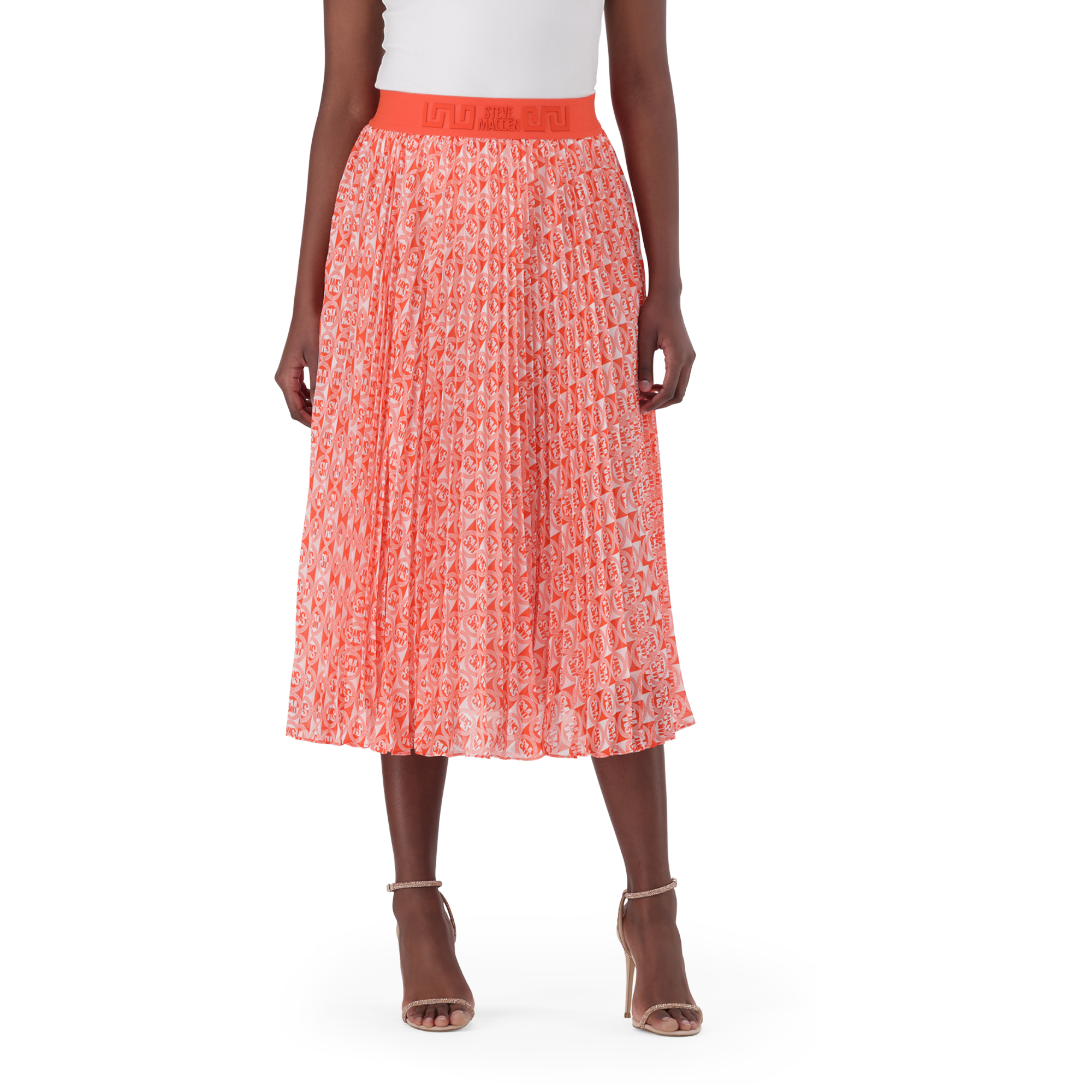 PAIGE TANGERINE PLEATED MIDI SKIRT