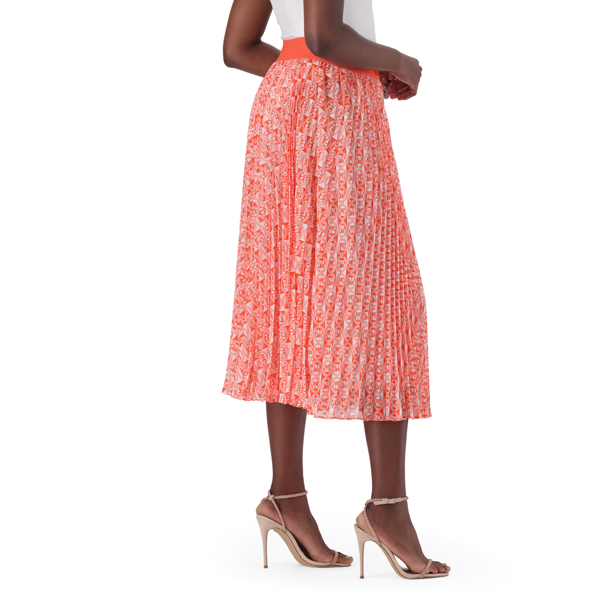PAIGE TANGERINE PLEATED MIDI SKIRT