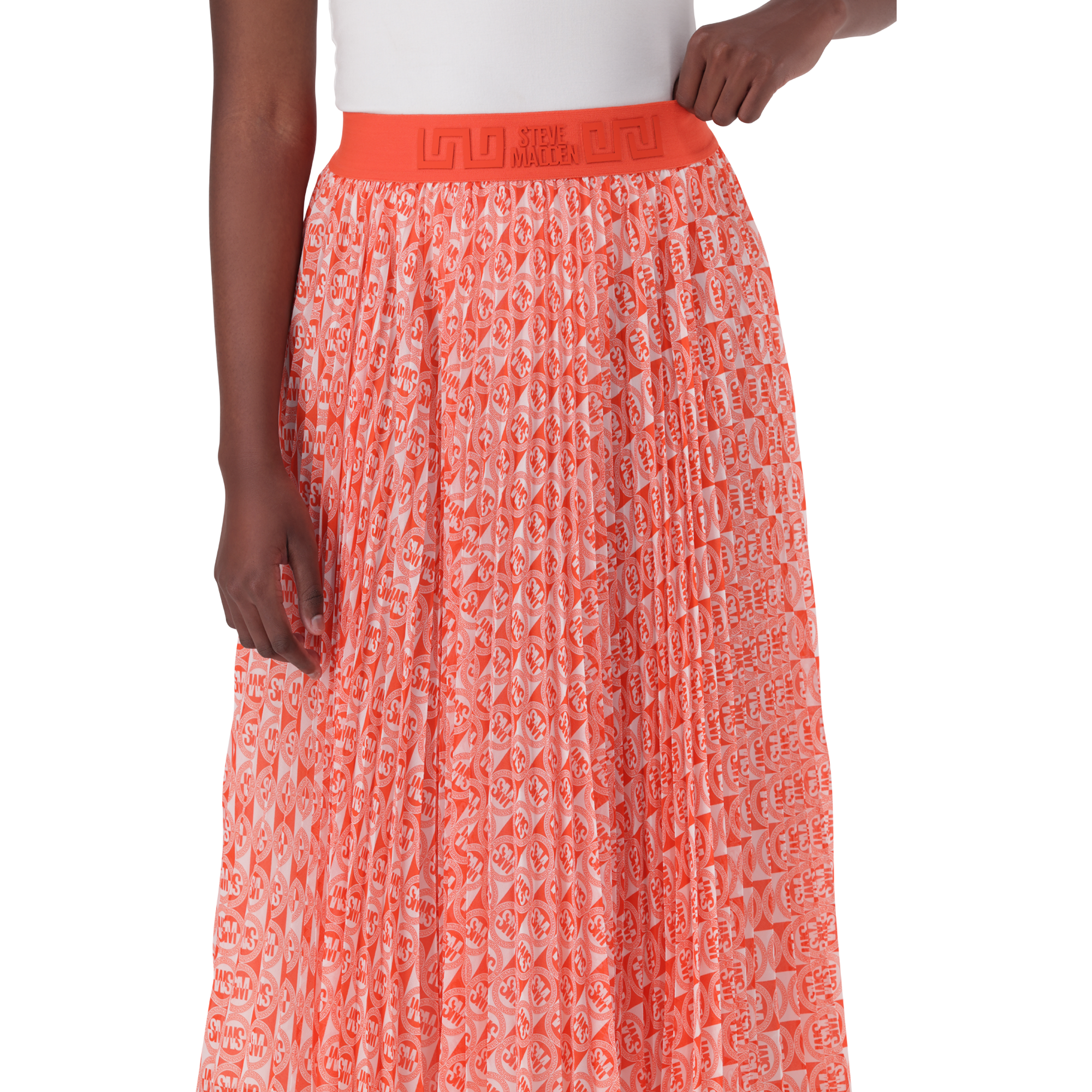 PAIGE TANGERINE PLEATED MIDI SKIRT