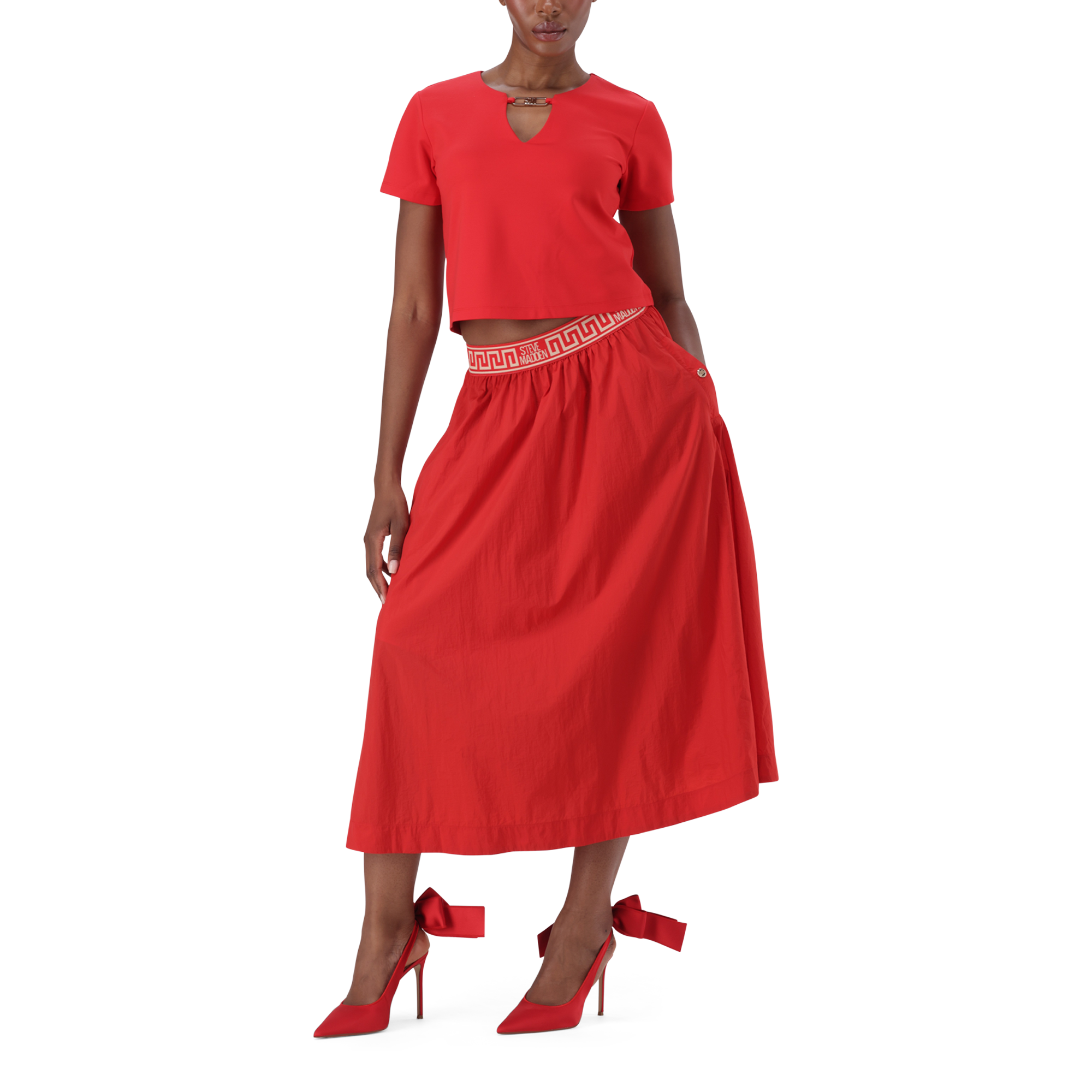 ALESSIA RED MIDI FLARE SKIRT