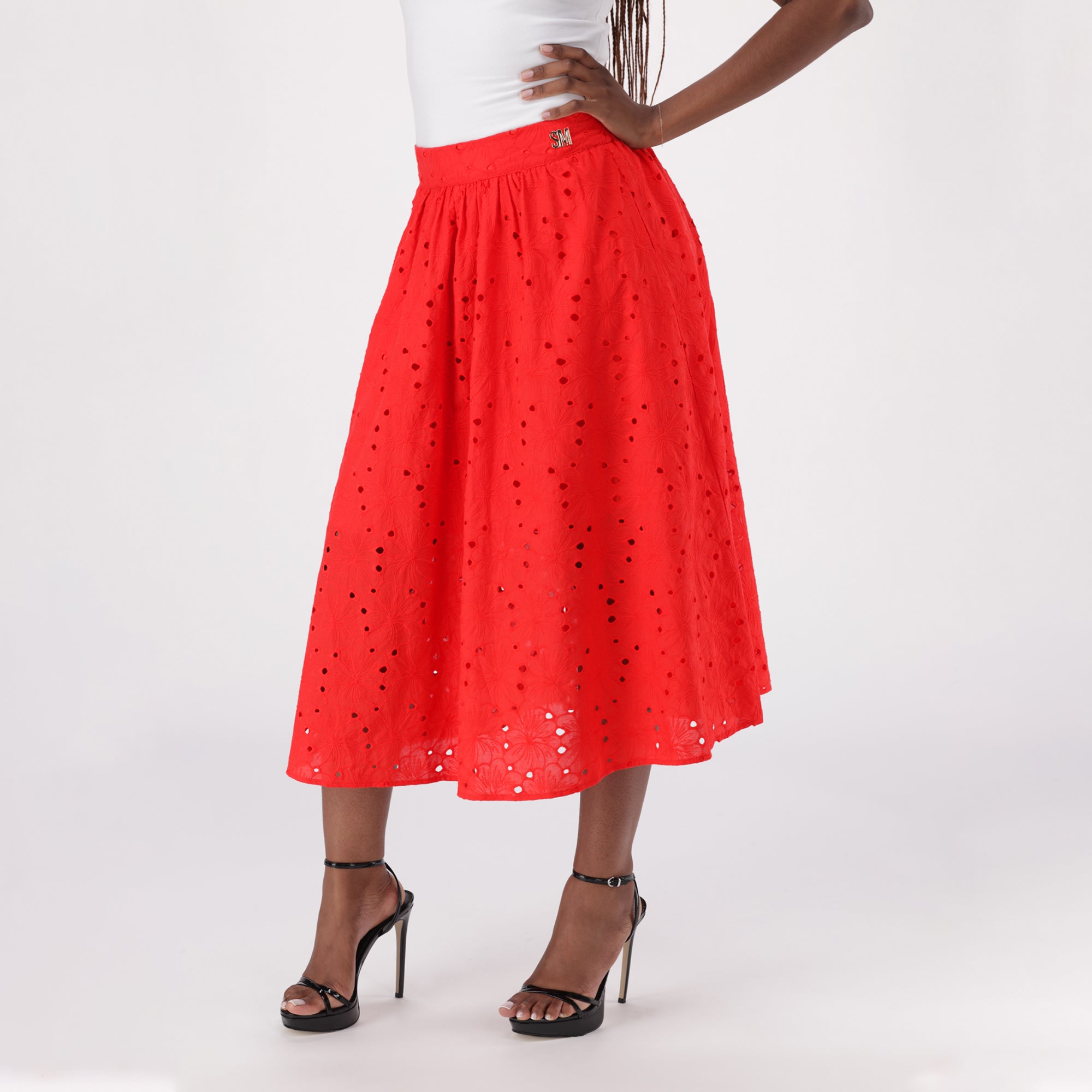 ALTHEA RED ANGLAISE MIDI SKIRT