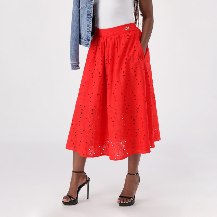 ALTHEA RED ANGLAISE MIDI SKIRT - view 3