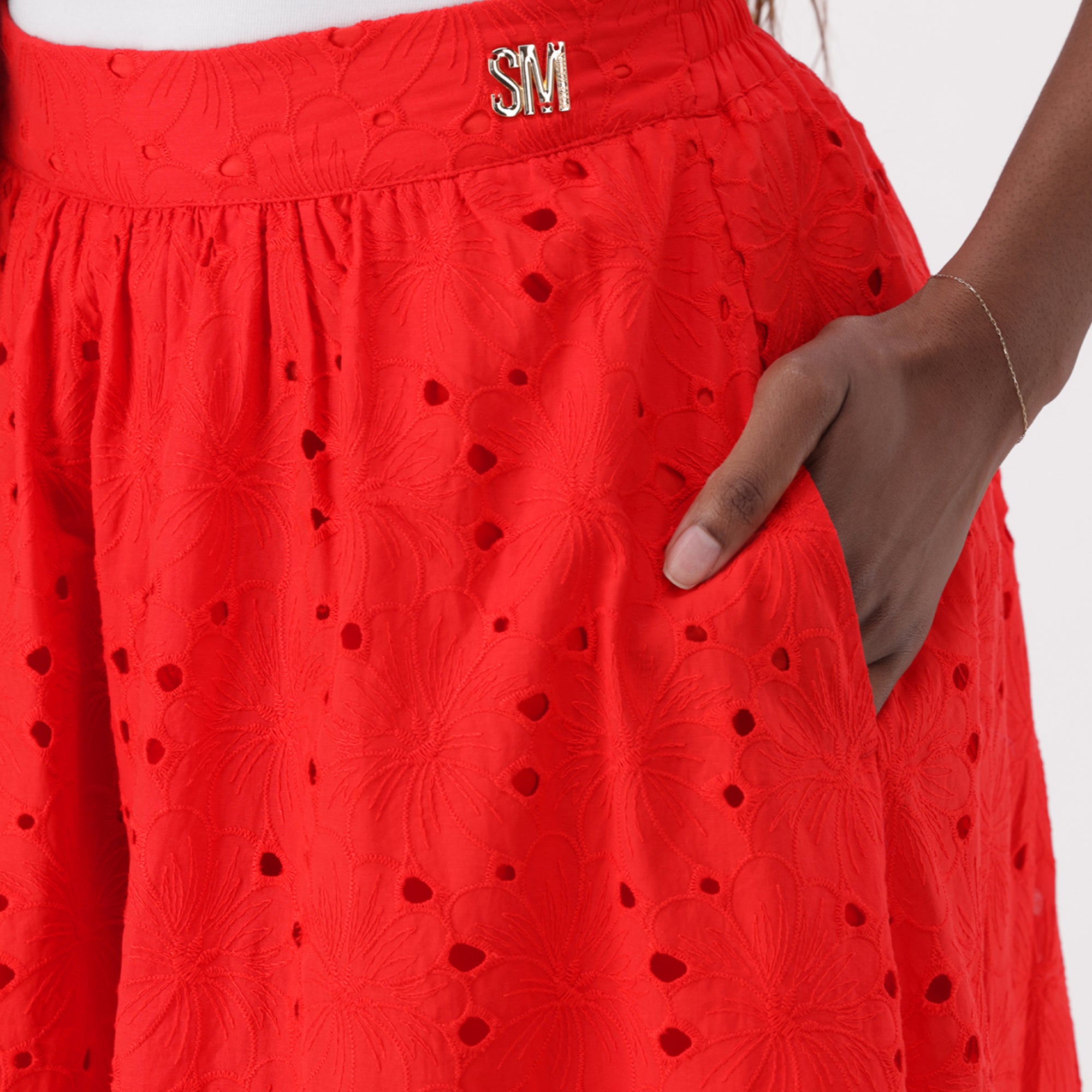 ALTHEA RED ANGLAISE MIDI SKIRT - view 2