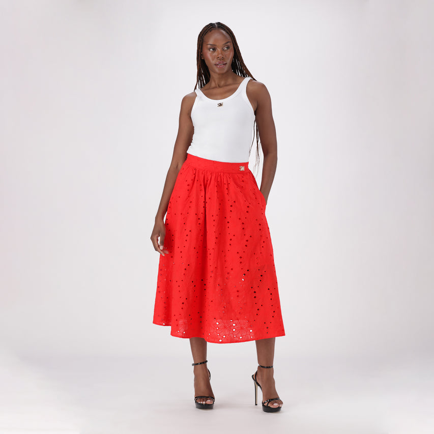 ALTHEA RED ANGLAISE MIDI SKIRT - view 4