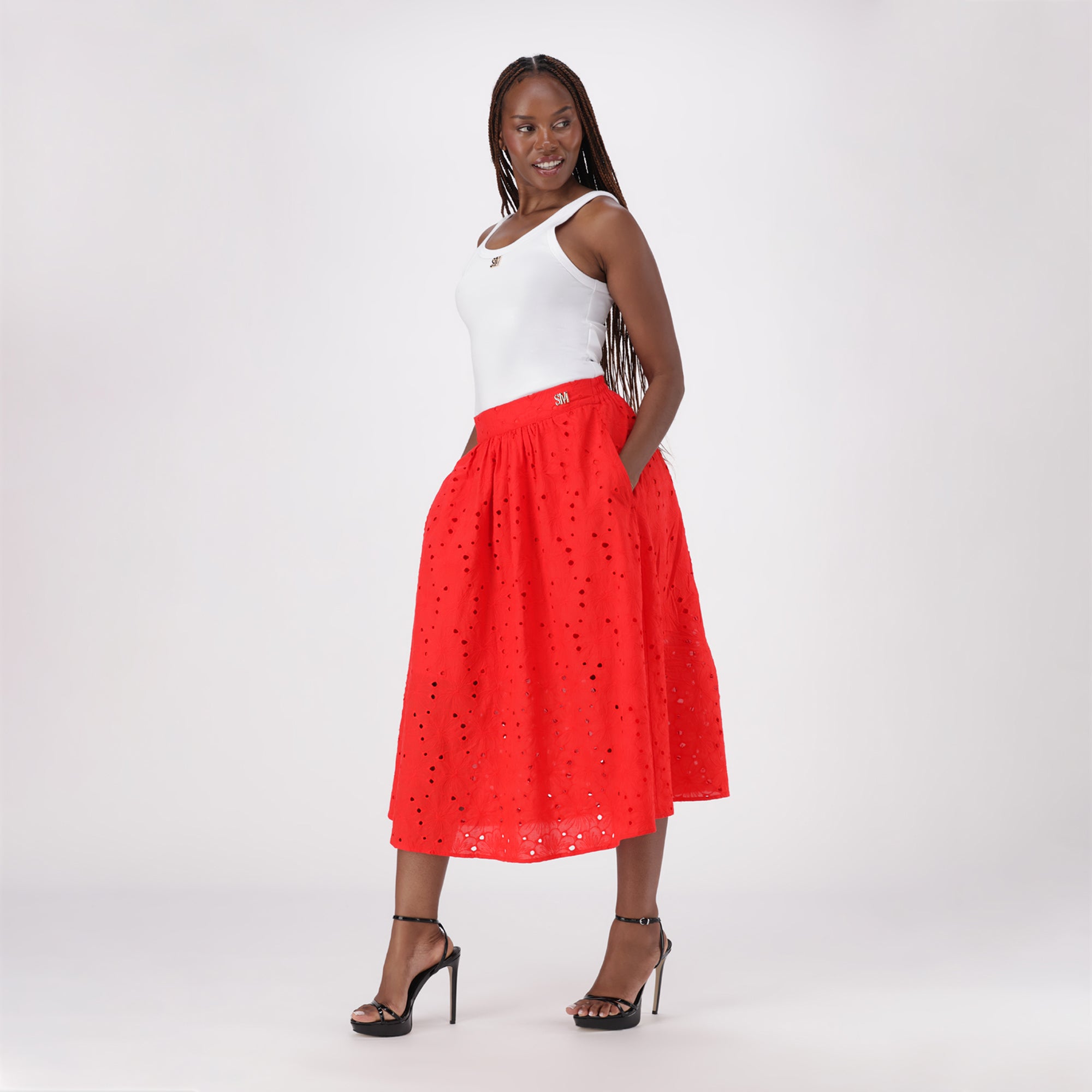 ALTHEA RED ANGLAISE MIDI SKIRT - view 5