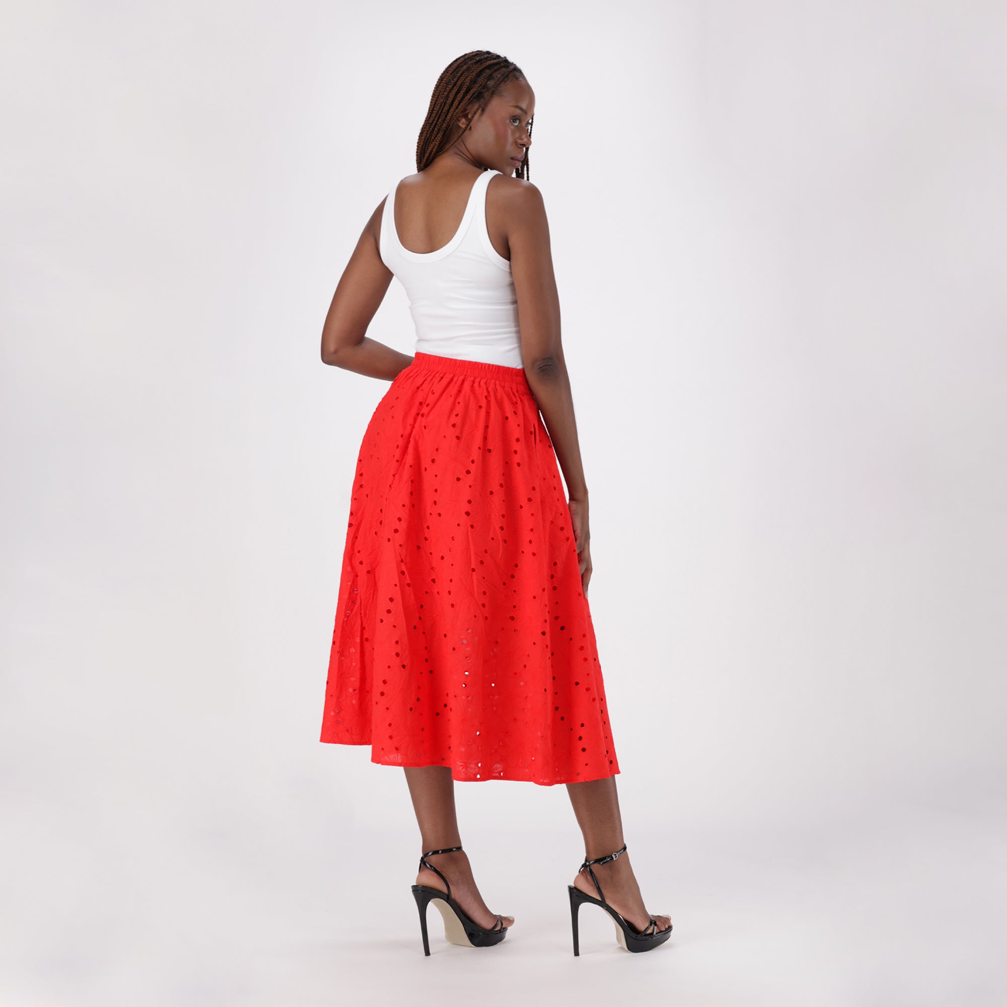 ALTHEA RED ANGLAISE MIDI SKIRT - view 6