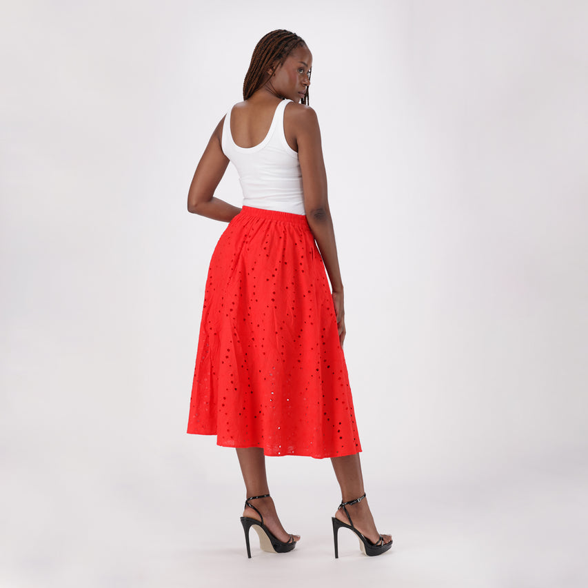 ALTHEA RED ANGLAISE MIDI SKIRT - view 6
