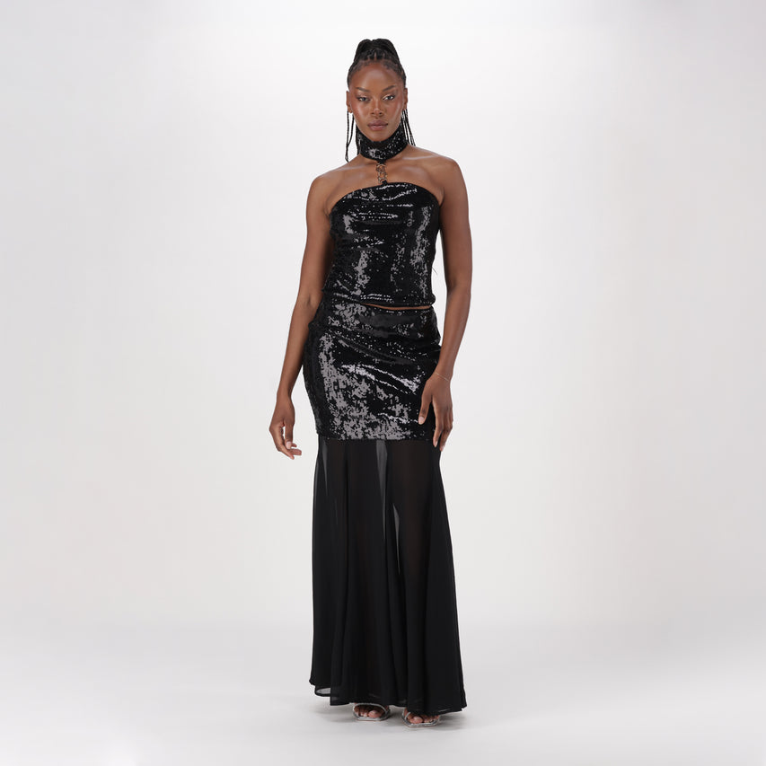DONNA BLACK SEQUIN EMBELLISHED CHIFFON MAXI SKIRT - view 3