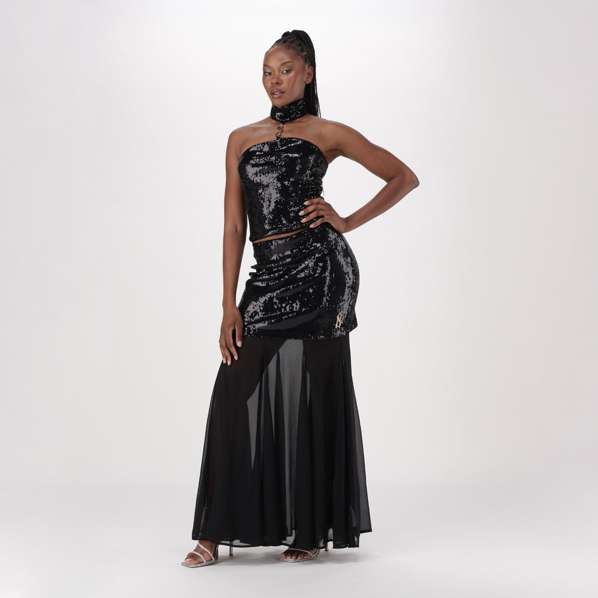 DONNA BLACK SEQUIN EMBELLISHED CHIFFON MAXI SKIRT - view 2