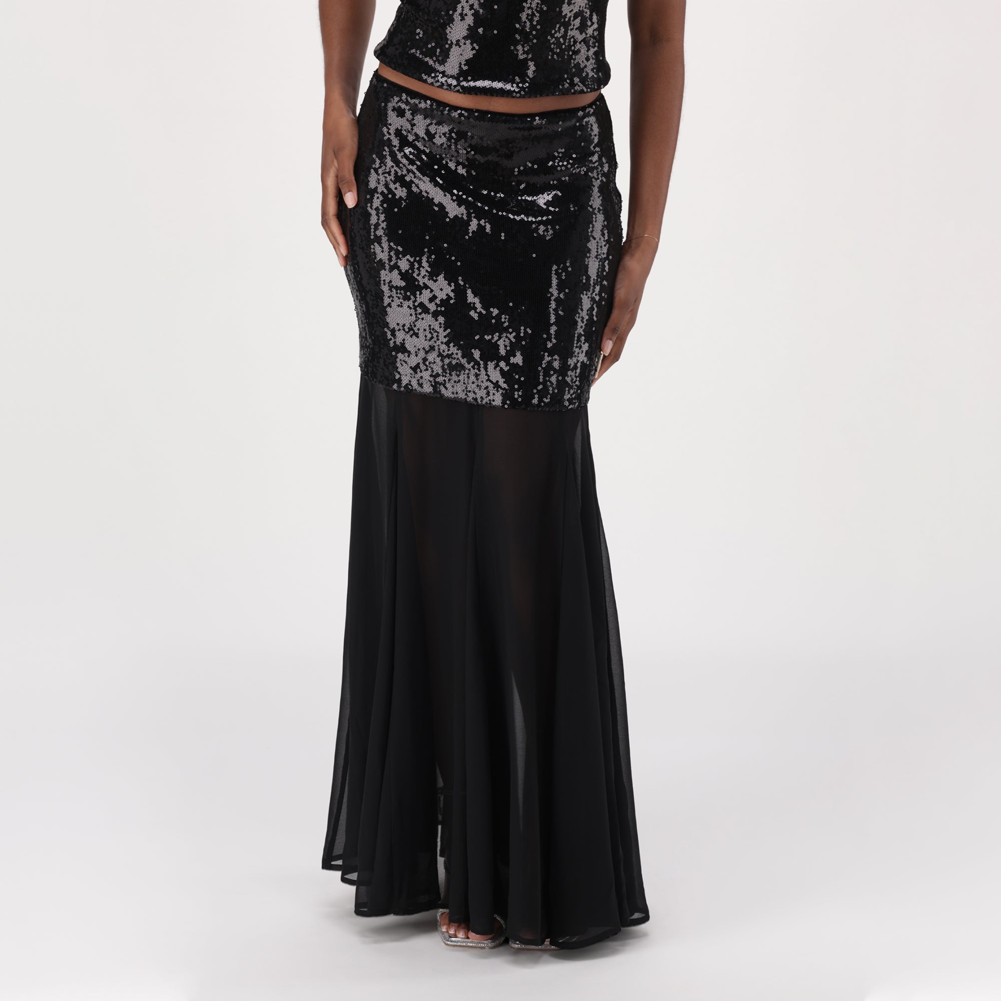 DONNA BLACK SEQUIN EMBELLISHED CHIFFON MAXI SKIRT