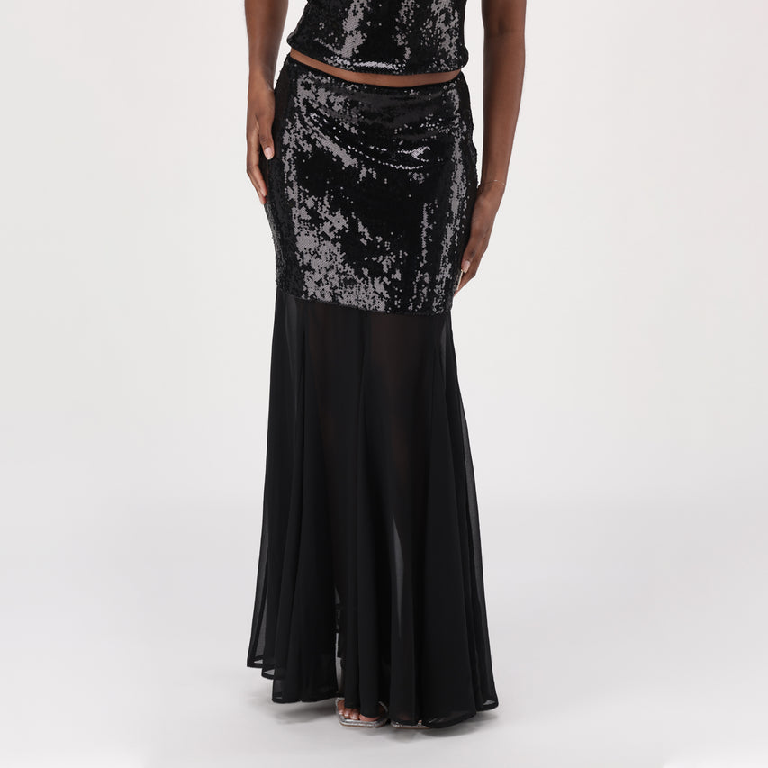 DONNA BLACK SEQUIN EMBELLISHED CHIFFON MAXI SKIRT