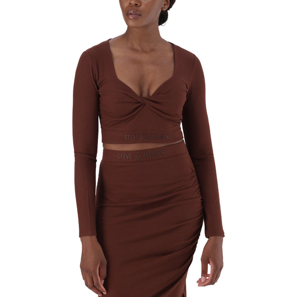 GEORGIA BROWN CHOCOLATE RIB CROP TOP WITH TWIST