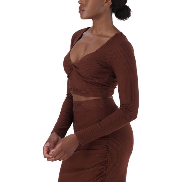 GEORGIA BROWN CHOCOLATE RIB CROP TOP WITH TWIST