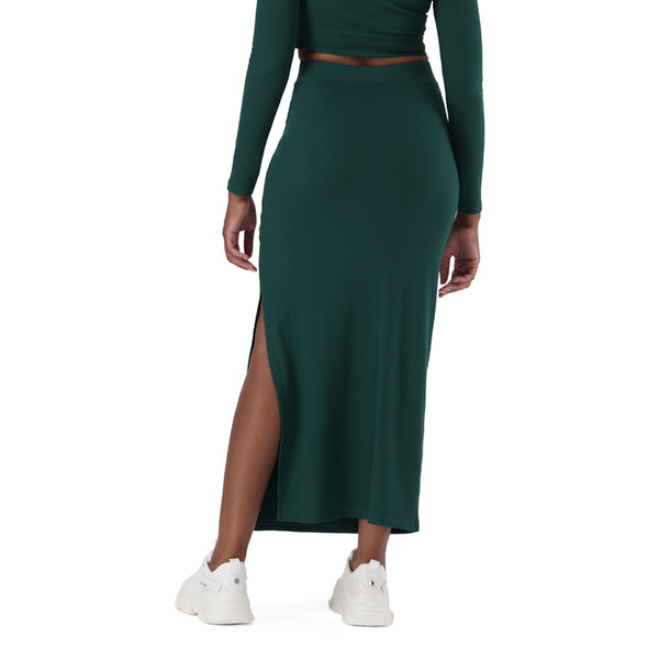 LAYLA DARK GREEN HIGH WAISTED RIB BODYCON MIDI SKIRT WITH TWIST