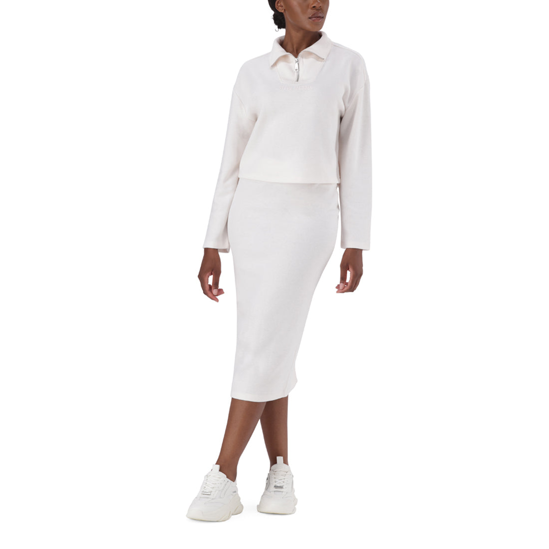 YAEL BONE HIGH WAISTED RIBKNIT MIDI SKIRT
