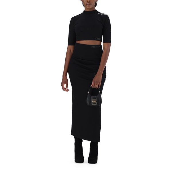 INDYA BLACK FUNNEL NECK RIB CROP TOP WITH LOGO ELASTIC & POPPERS