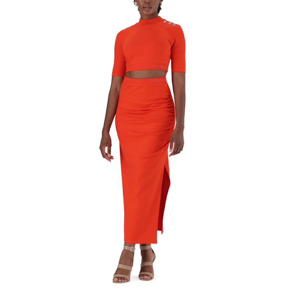 LAUREN TANGERINE HIGH WAISTED RIB BODYCON MAXI SKIRT