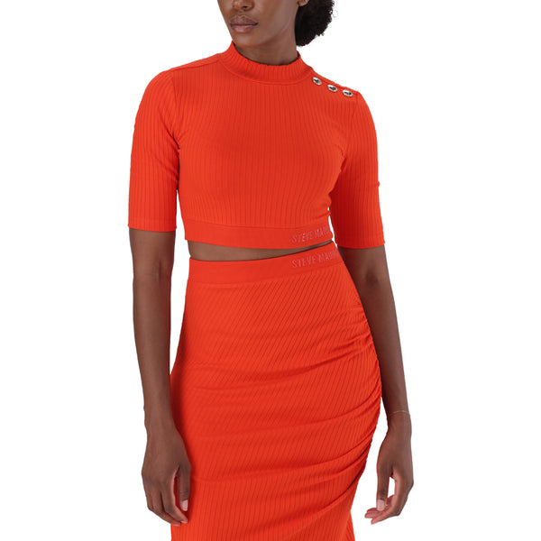 INDYA TANGERINE FUNNEL NECK RIB CROP TOP WITH LOGO ELASTIC & POPPERS