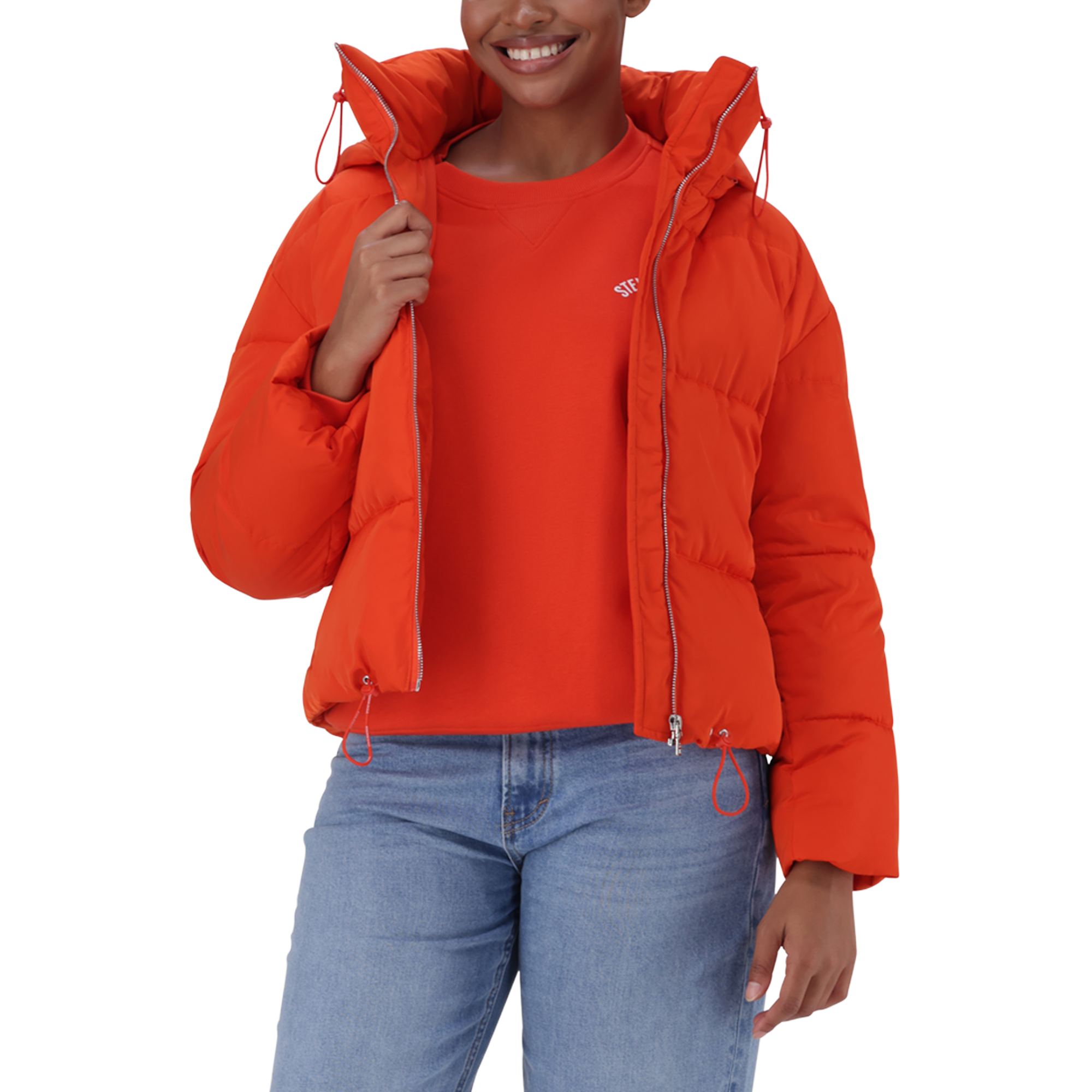 NASH TANGERINE CROPPED PUFFER WITH DETACHABLE HOOD