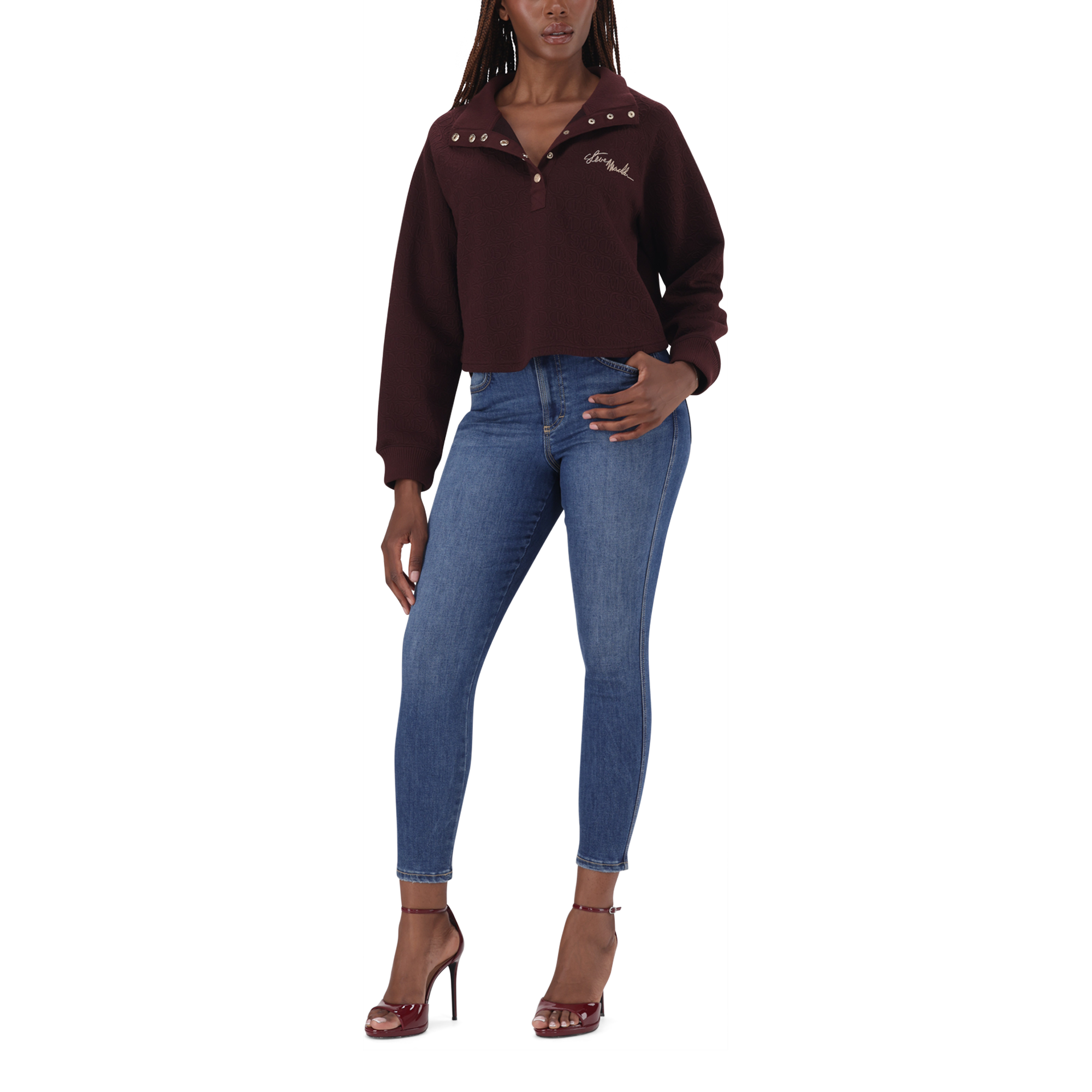 JANET BURGUNDY JACQUARD HENLEY TOP - view 5