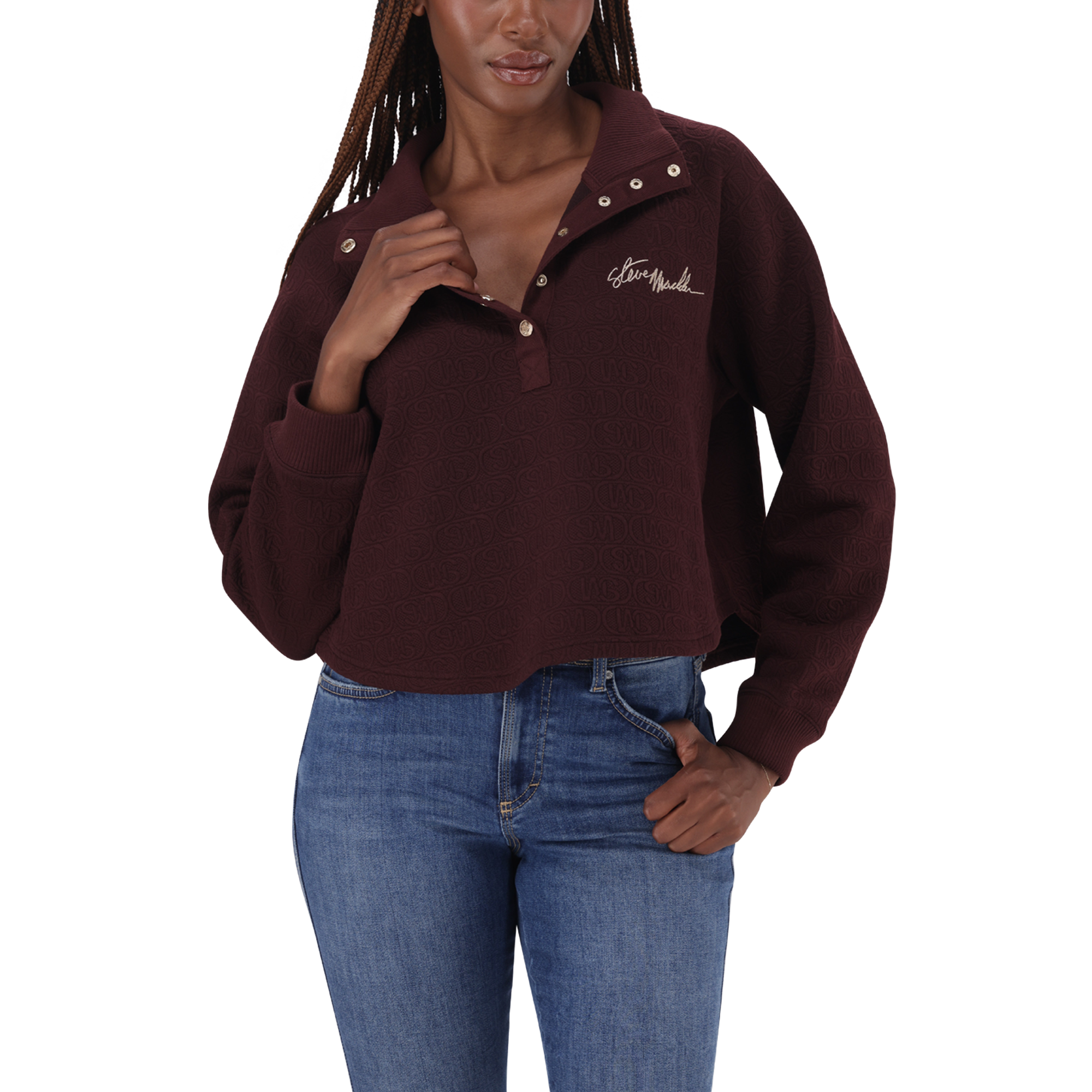 JANET BURGUNDY JACQUARD HENLEY TOP - view 3