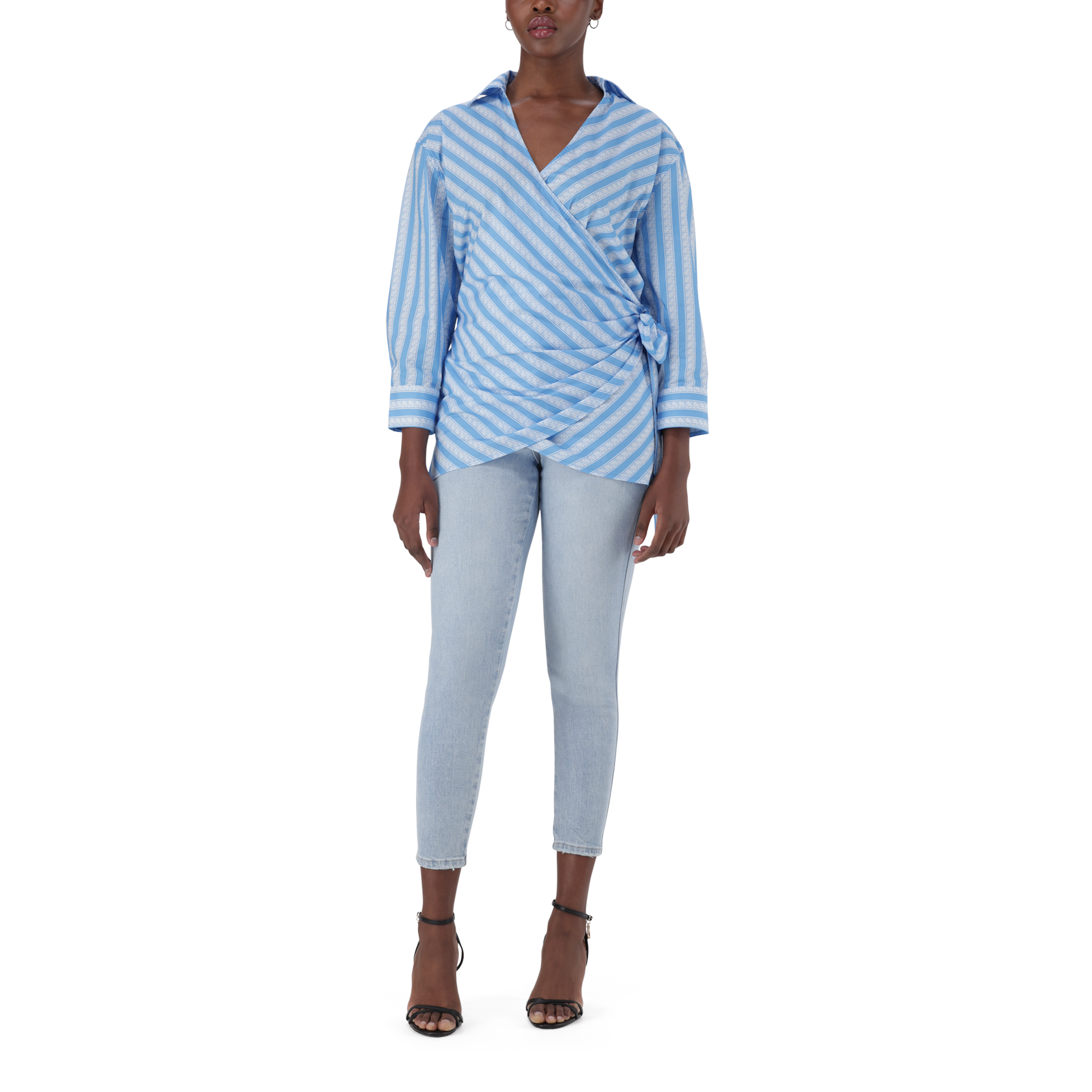 RIRI WHITE BLUE OVERSIZED WRAP SHIRT WITH TIE
