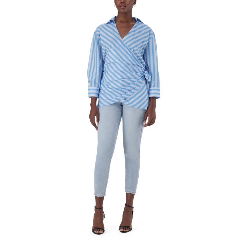 RIRI WHITE BLUE OVERSIZED WRAP SHIRT WITH TIE