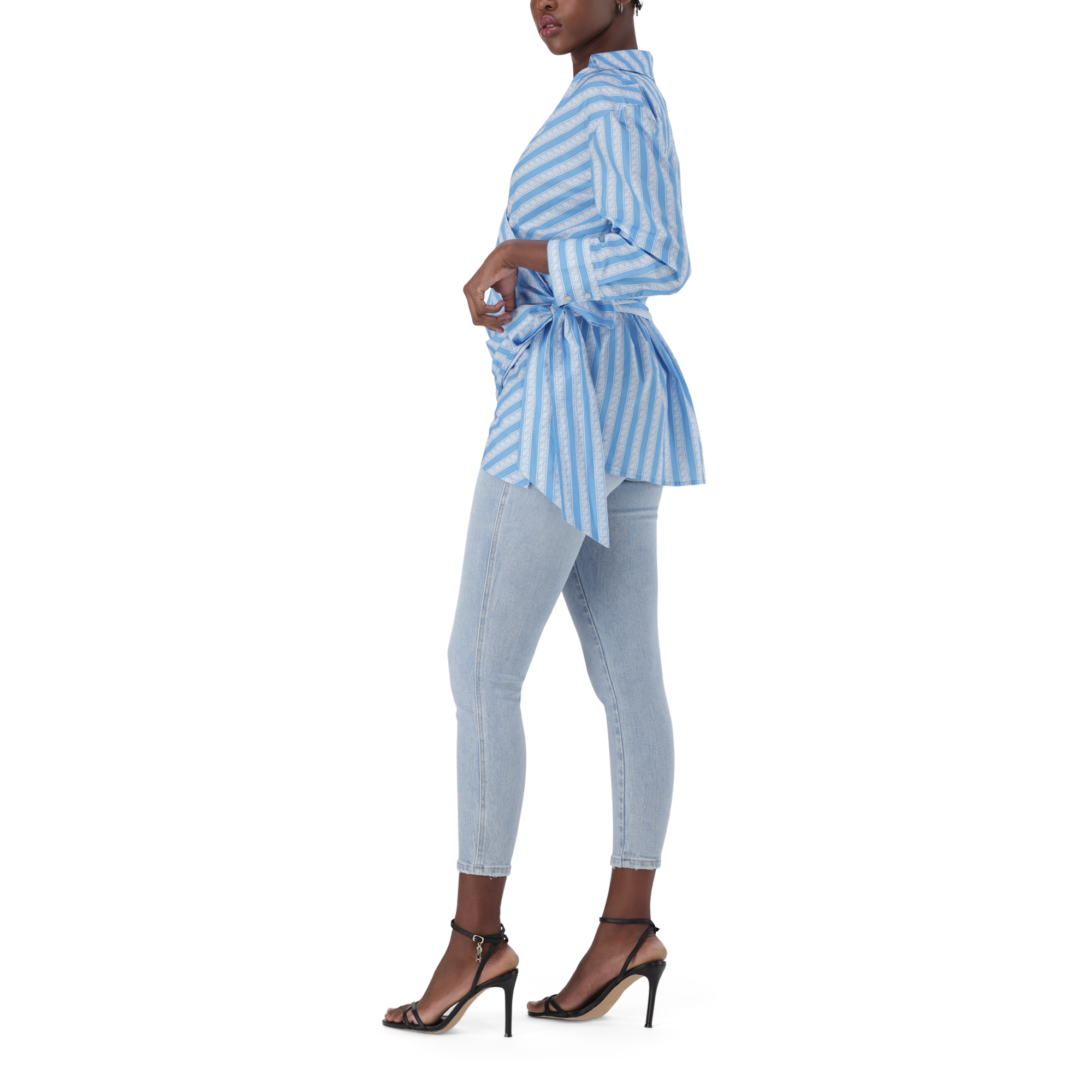 RIRI WHITE BLUE OVERSIZED WRAP SHIRT WITH TIE