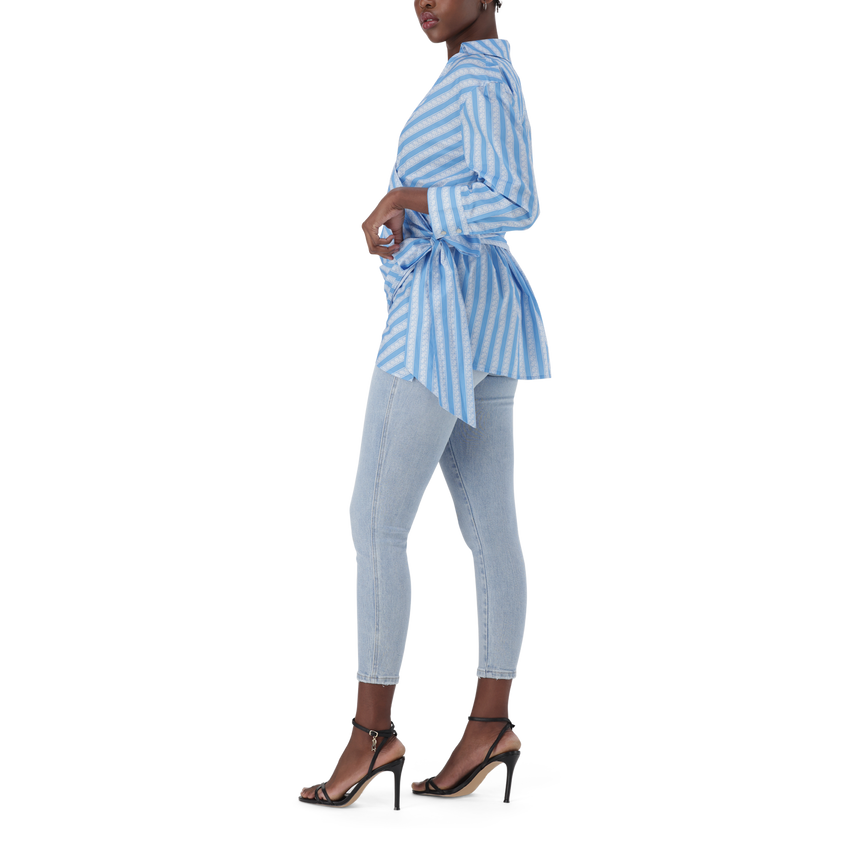 RIRI WHITE BLUE OVERSIZED WRAP SHIRT WITH TIE