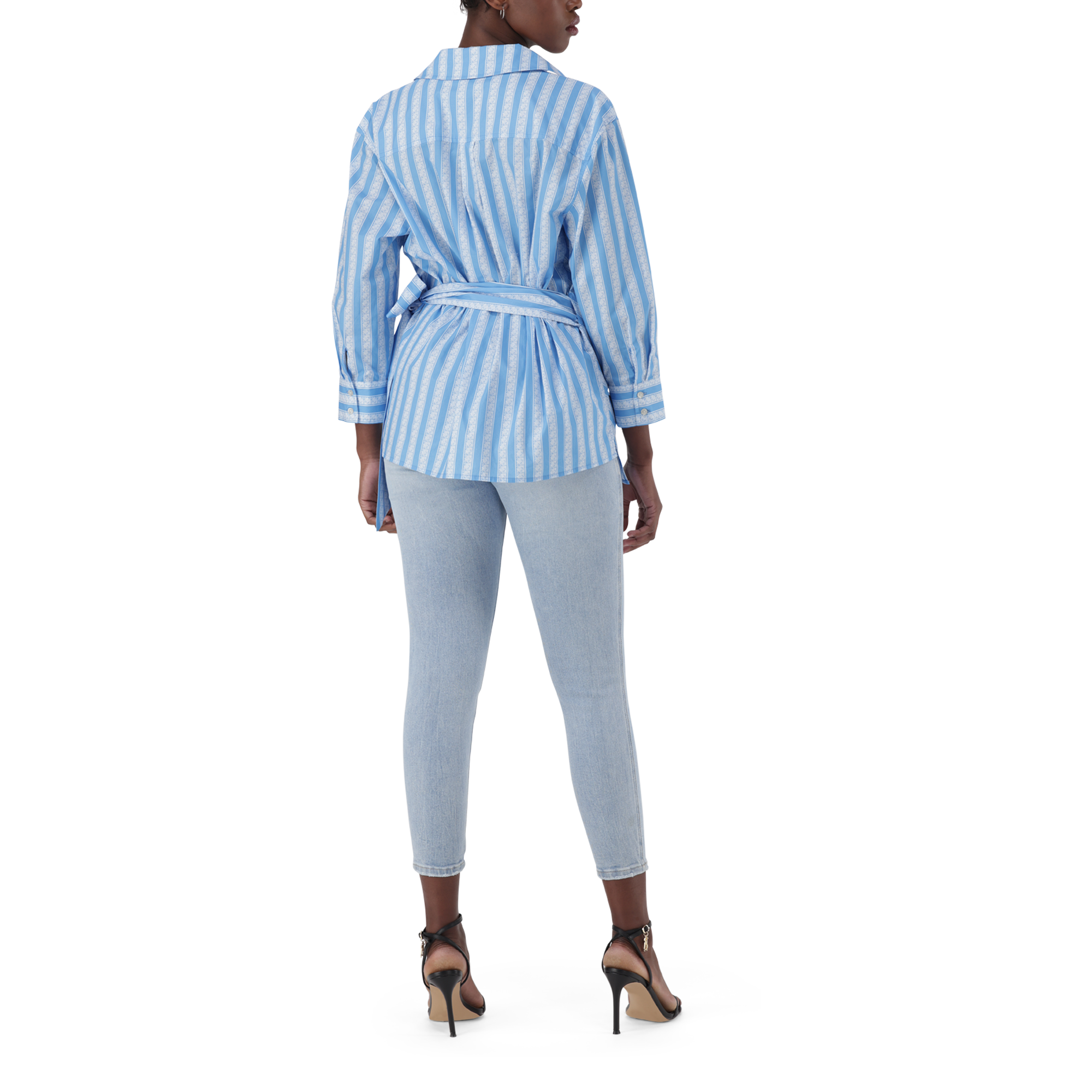 RIRI WHITE BLUE OVERSIZED WRAP SHIRT WITH TIE