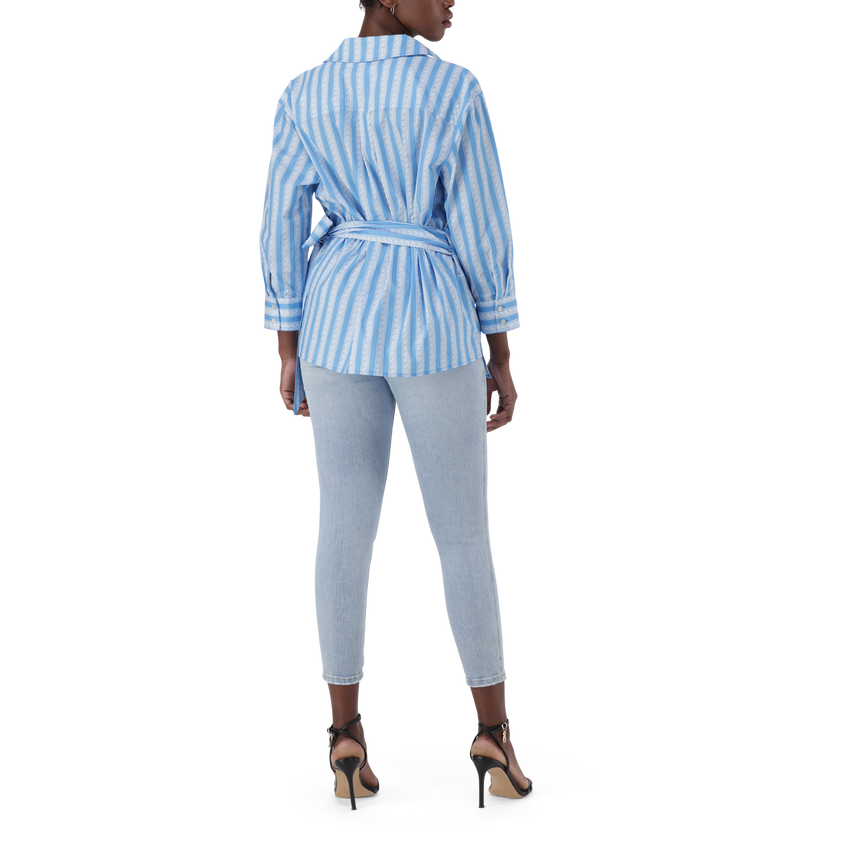 RIRI WHITE BLUE OVERSIZED WRAP SHIRT WITH TIE