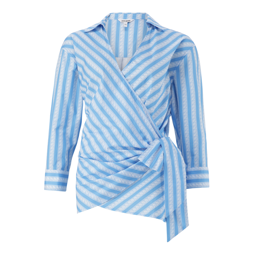 RIRI WHITE BLUE OVERSIZED WRAP SHIRT WITH TIE