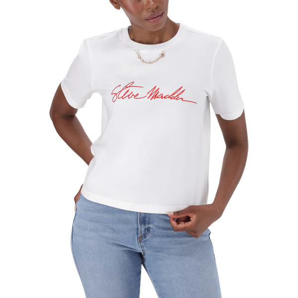 MARKANDLONA CDE ホワイトシャツ THERESA WHITE REGULAR T-SHIRT WITH CHAIN CHARM – Steve Madden