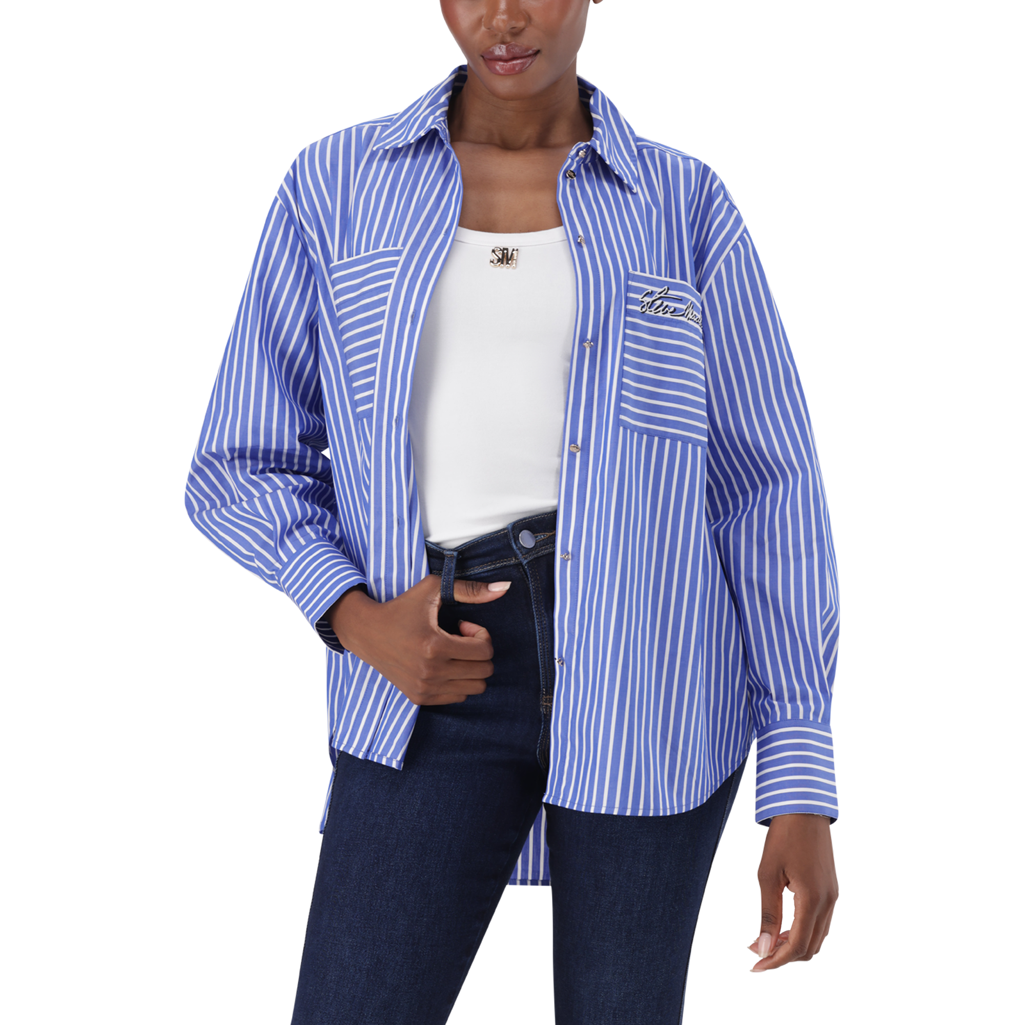 LYLA DARK BLUE OVERSIZED STRIPED SHIRT - view 5