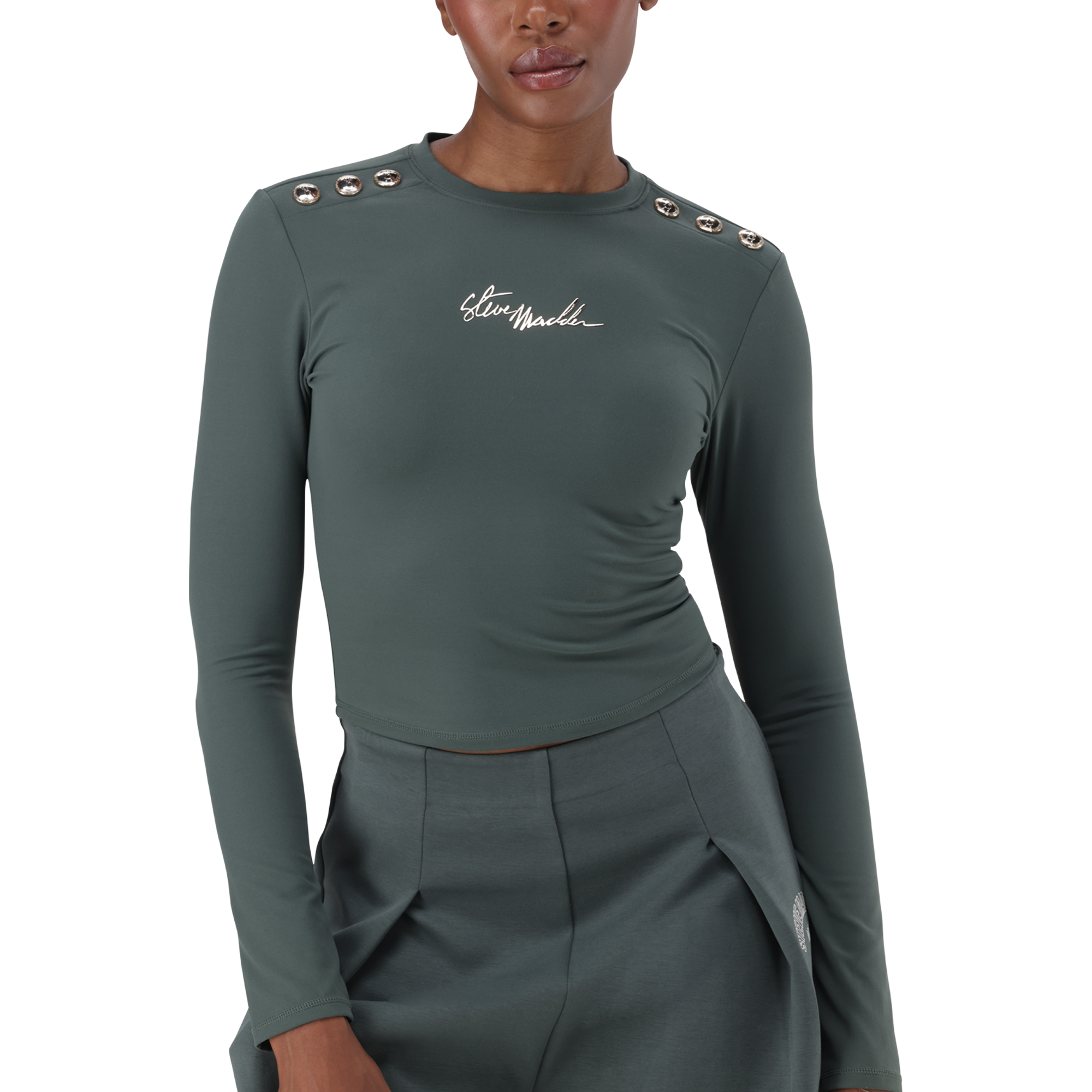 RILEY DARK SAGE LONG SLEEVE TOP WITH POPPERS - view 2