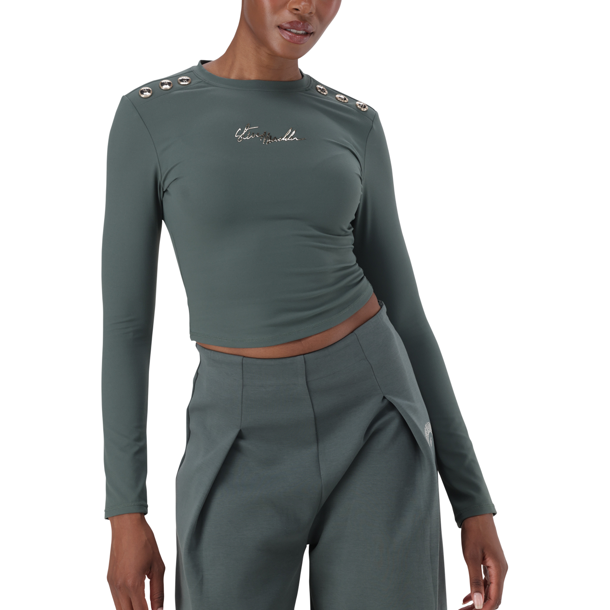 RILEY DARK SAGE LONG SLEEVE TOP WITH POPPERS - view 4