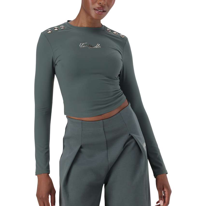 RILEY DARK SAGE LONG SLEEVE TOP WITH POPPERS - view 4