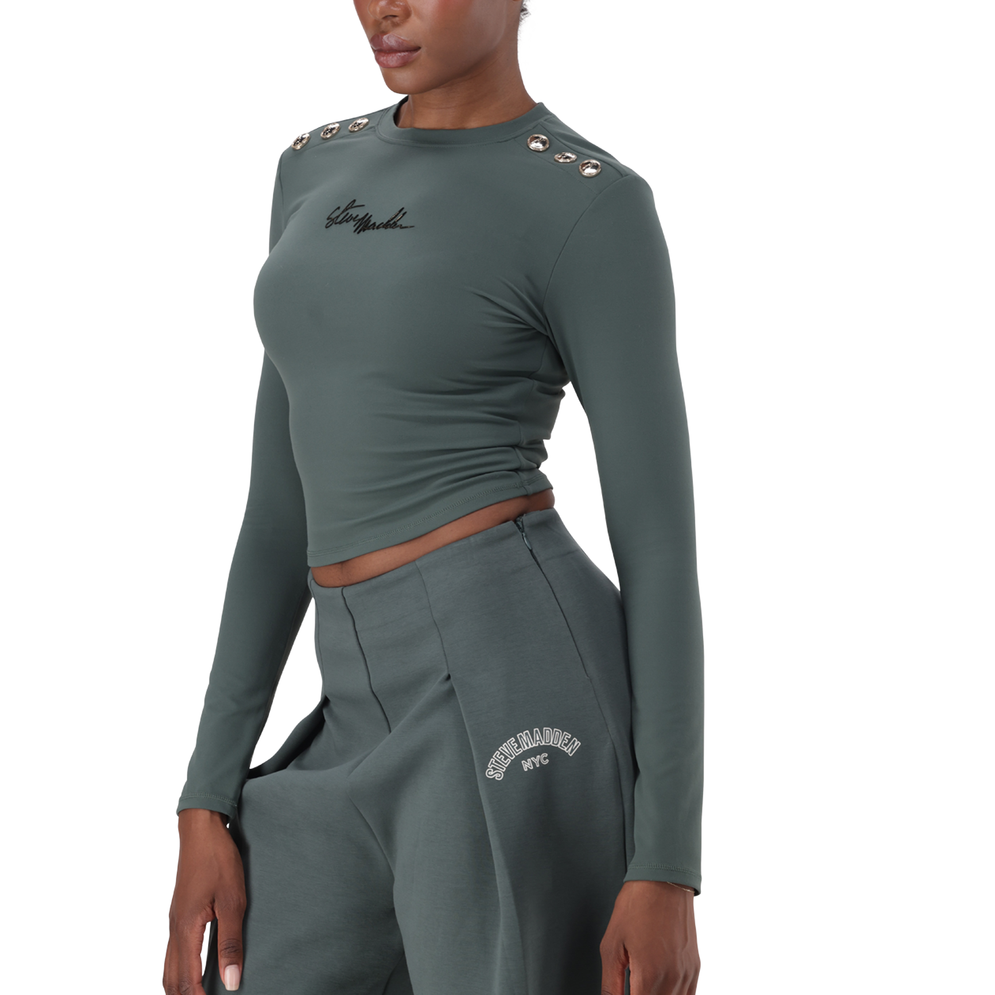 RILEY DARK SAGE LONG SLEEVE TOP WITH POPPERS - view 5
