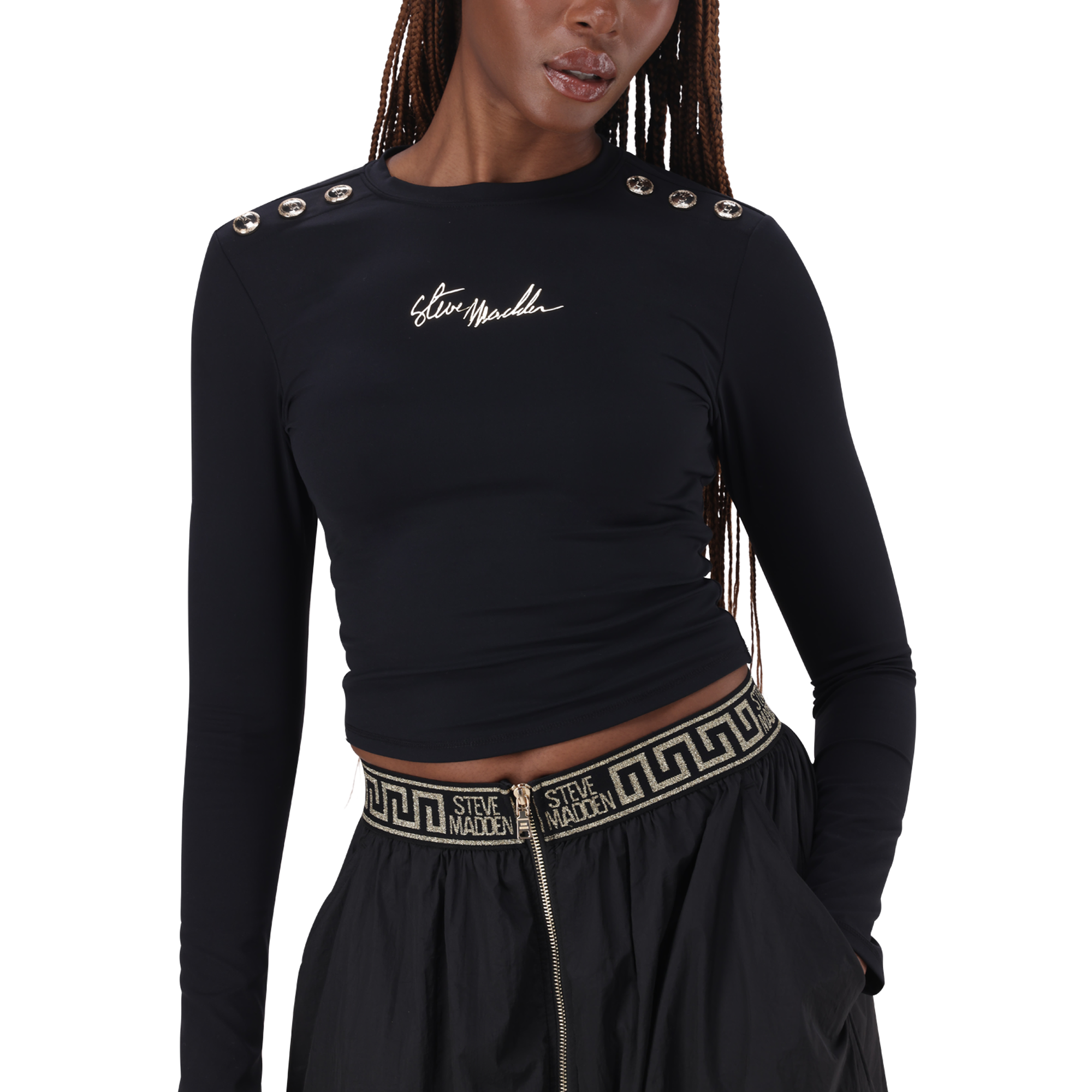 RILEY BLACK LONG SLEEVE TOP WITH POPPERS - view 2