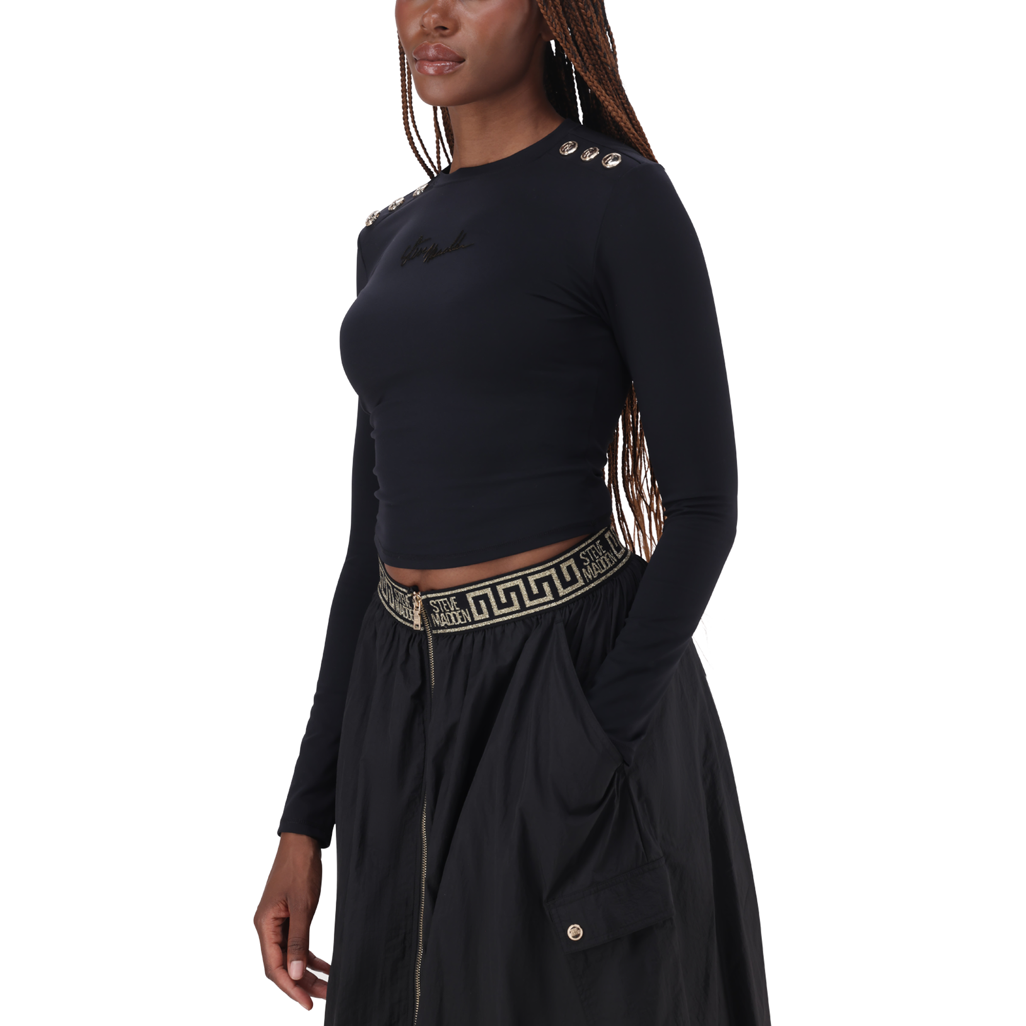 RILEY BLACK LONG SLEEVE TOP WITH POPPERS - view 6