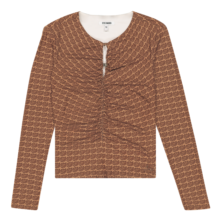 PAMELA BROWN/CHOCOLATE TOP WITH GATHERS & GOLD TRIM