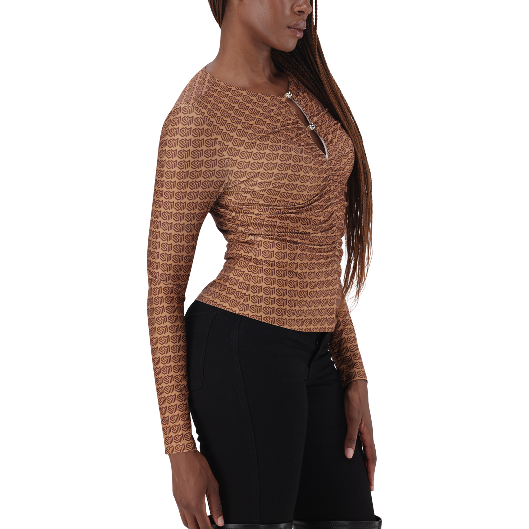 PAMELA BROWN/CHOCOLATE TOP WITH GATHERS & GOLD TRIM - view 4