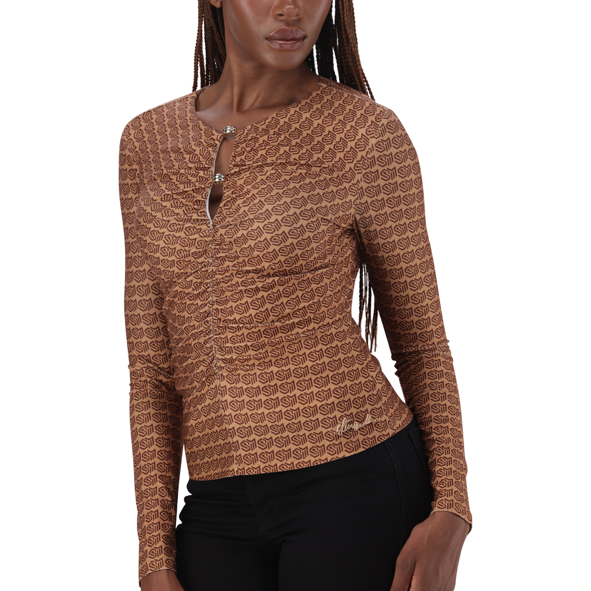 PAMELA BROWN/CHOCOLATE TOP WITH GATHERS & GOLD TRIM - view 2