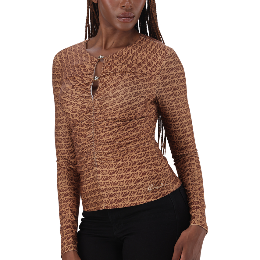 PAMELA BROWN/CHOCOLATE TOP WITH GATHERS & GOLD TRIM - view 2