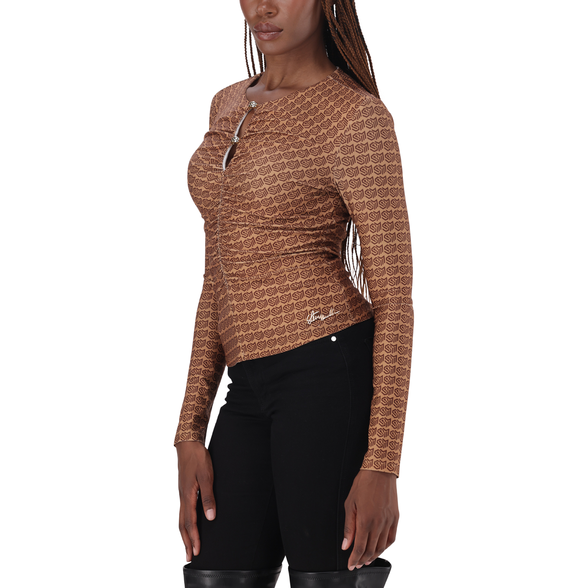 PAMELA BROWN/CHOCOLATE TOP WITH GATHERS & GOLD TRIM - view 3