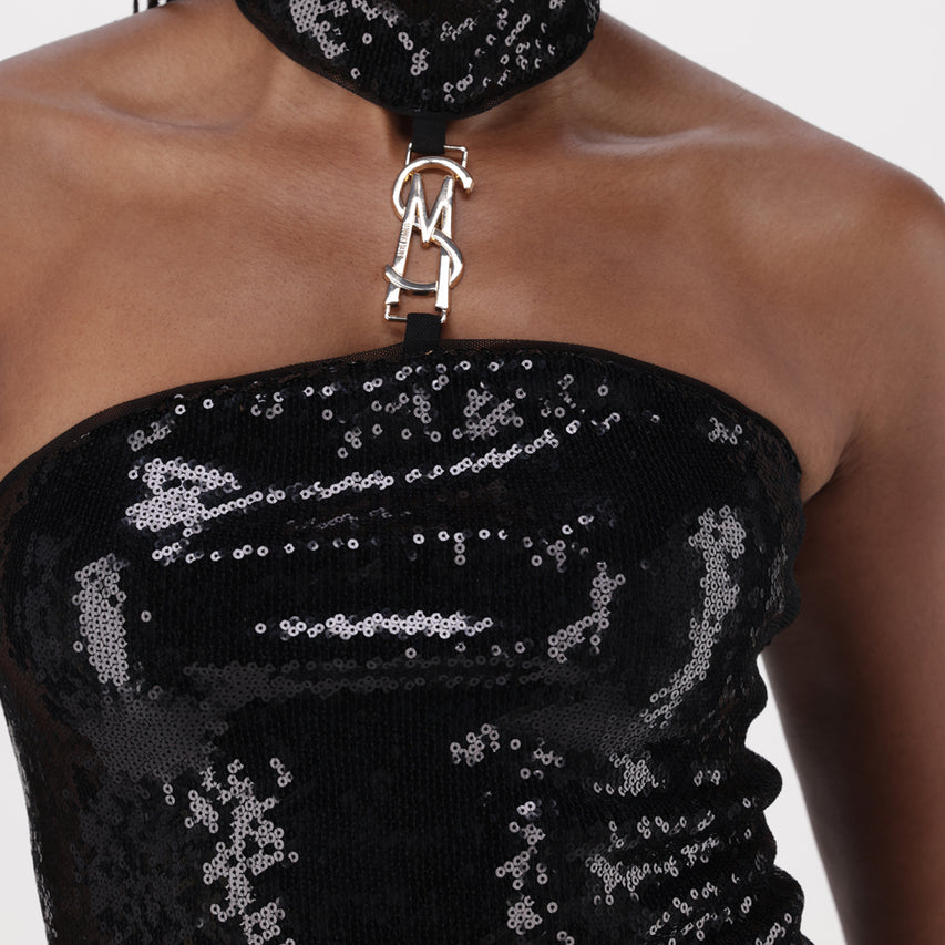PHOEBE BLACK HIGH-NECK SEQUIN TOP WITH BUCKLE - view 2
